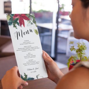 Watercolor Christmas Poinsettia Wedding Menu Card