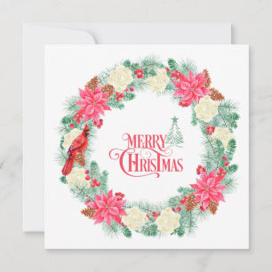Watercolor Christmas Poinsettia Wreath  Holiday Card