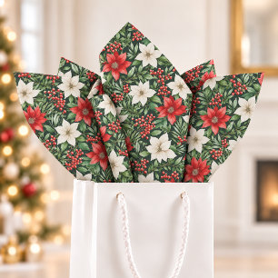 Watercolor Christmas Poinsettias and Berries Tissue Paper