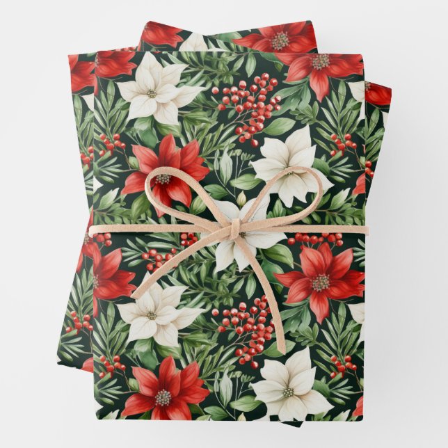 Watercolor Christmas Poinsettias and Berries Wrapping Paper Sheet (In situ)