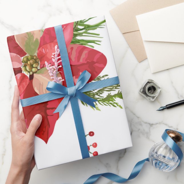 Watercolor Christmas Pointsettia Flowers Floral  W Wrapping Paper (Gifting)