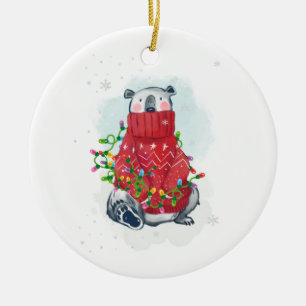 Watercolor Christmas Polar Bear in Sweater  Ceramic Ornament
