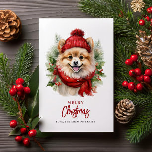 Watercolor Christmas Pomeranian Dog Holiday Card