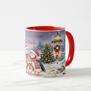 Watercolor Christmas Puffin Family Personalised Mug