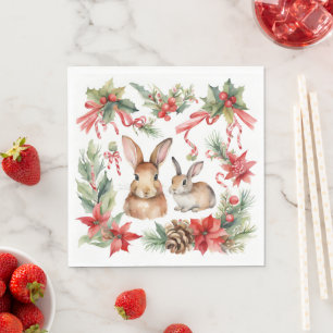 Watercolor Christmas Rabbits Floral Napkin