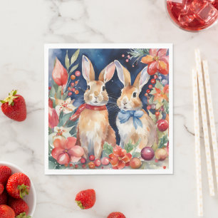 Watercolor Christmas Rabbits Floral Napkin