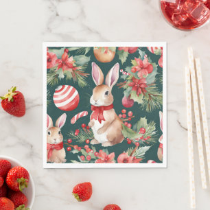 Watercolor Christmas Rabbits Green Floral Napkin