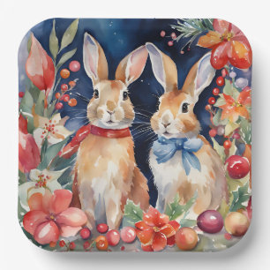 Watercolor Christmas Rabbits Red Gold Floral Paper Plate