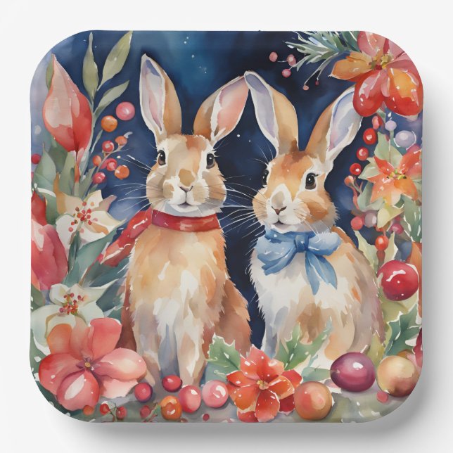 Watercolor Christmas Rabbits Red Gold Floral  Paper Plate (Front)