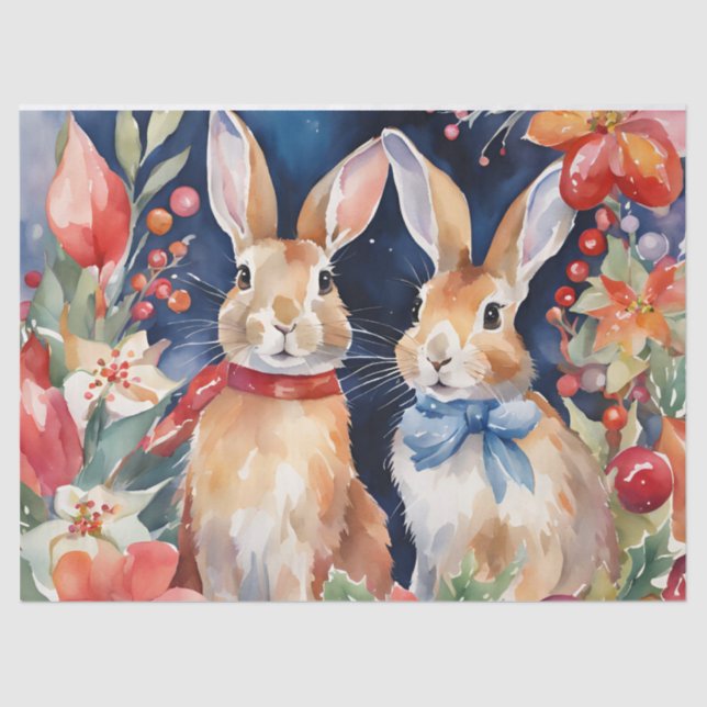 Watercolor Christmas Rabbits Red Gold Floral  Tissue Paper (Front)