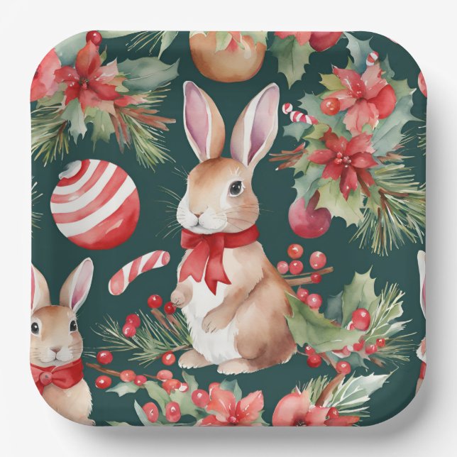 Watercolor Christmas Rabbits Red Green Floral  Paper Plate (Front)