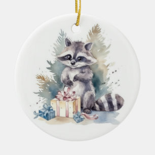 Watercolor Christmas Racoon Ceramic Ornament