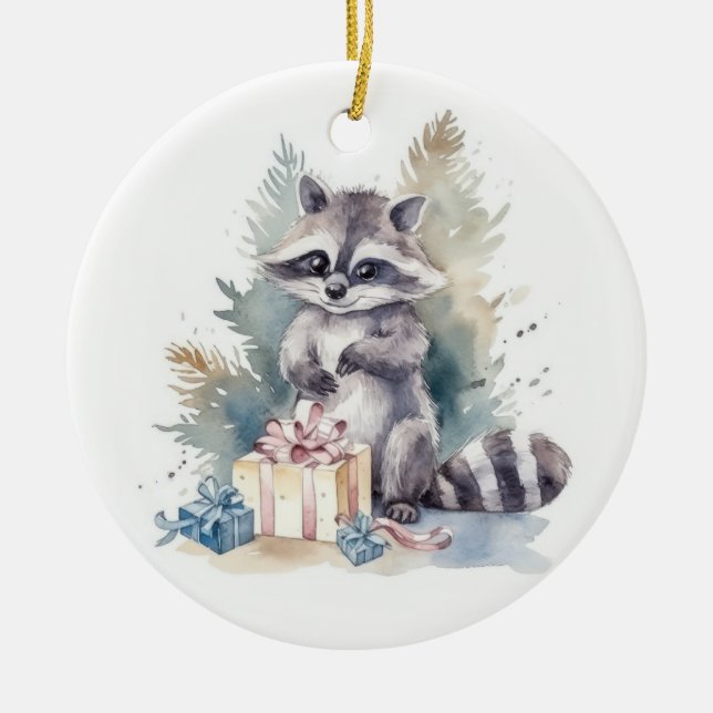 Watercolor Christmas Racoon Ceramic Ornament (Front)