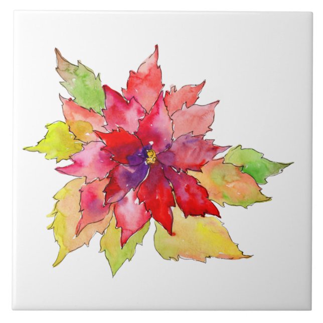 Watercolor Christmas Red and Green Poinsettia Ceramic Tile (Front)