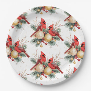 Watercolor Christmas Red Cardinal Berries Pattern Paper Plate
