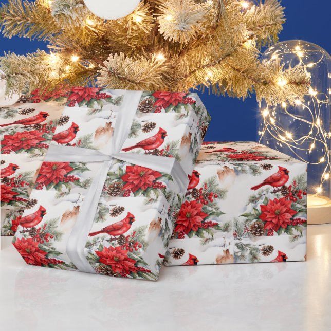 Watercolor Christmas Red Cardinal, Poinsettia Wrapping Paper (Holidays)