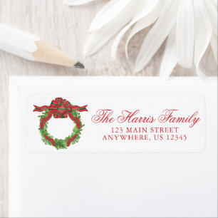 Watercolor Christmas Red & Green Bow Wreath Return Address Label
