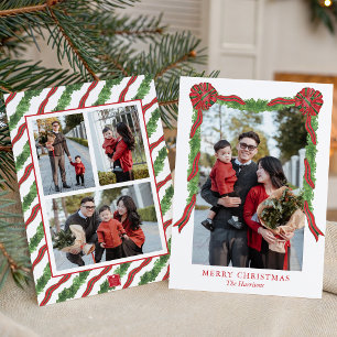 Watercolor Christmas Red & Green Bows Garland Swag Holiday Card