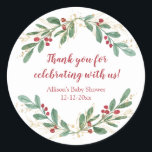 Watercolor Christmas red hollies gold green shower Classic Round Sticker<br><div class="desc">For more advanced customisation of this design,  simply select the "Customise It" button above!</div>