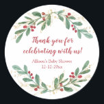 Watercolor Christmas red hollies gold green shower Classic Round Sticker<br><div class="desc">For more advanced customisation of this design,  simply select the "Customise It" button above!</div>