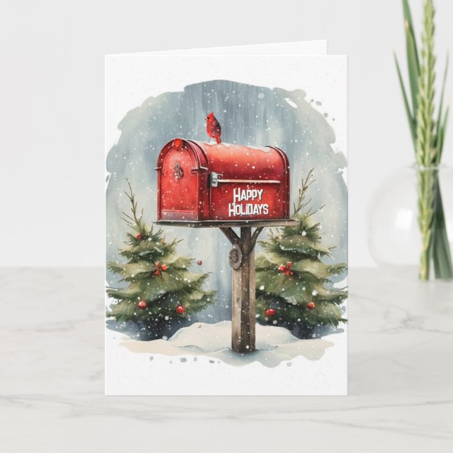 Watercolor Christmas Red Mailbox Card (Front)