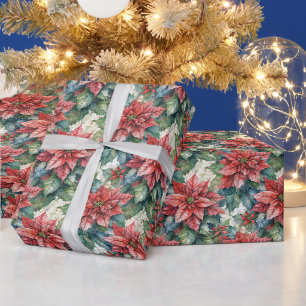 Watercolor Christmas Red Poinsettia Flowers Wrapping Paper