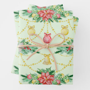 Watercolor Christmas Red Poinsettia, Ornaments Wrapping Paper Sheet