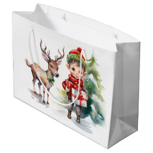 Watercolor Christmas Reindeer and Elf Large Gift Bag