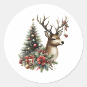 Watercolor Christmas Reindeer Classic Round Sticker