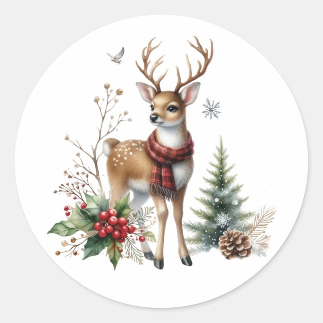 Watercolor Christmas Reindeer Classic Round Sticker (Front)