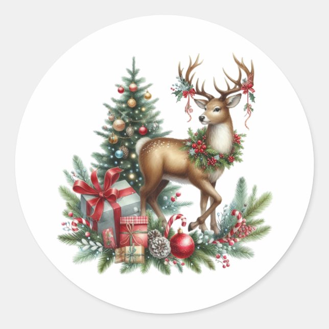 Watercolor Christmas Reindeer Classic Round Sticker (Front)