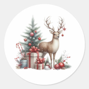 Watercolor Christmas Reindeer Classic Round Sticker