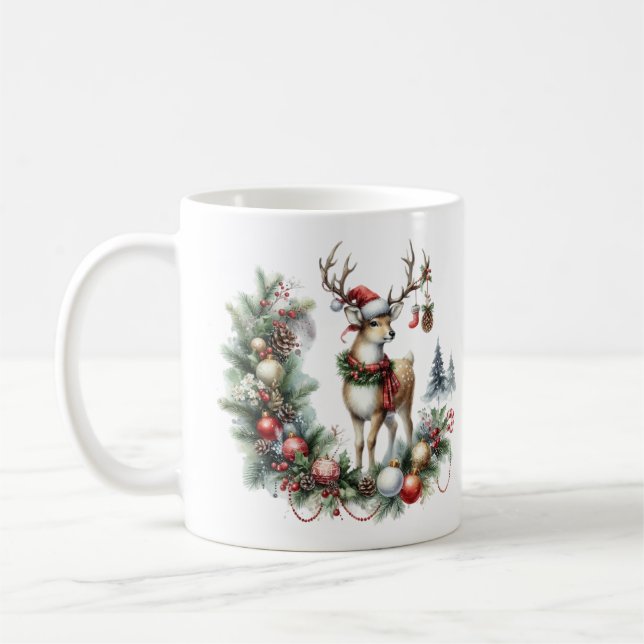 Watercolor Christmas Reindeer Coffee Mug (Left)