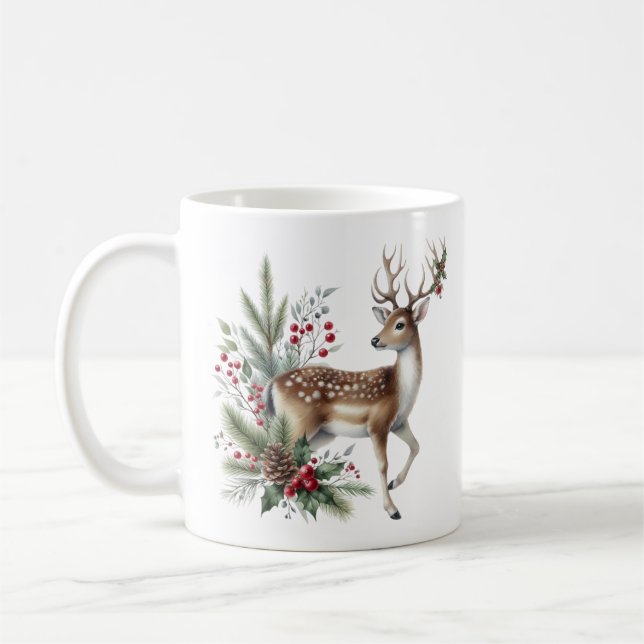 Watercolor Christmas Reindeer Coffee Mug (Left)
