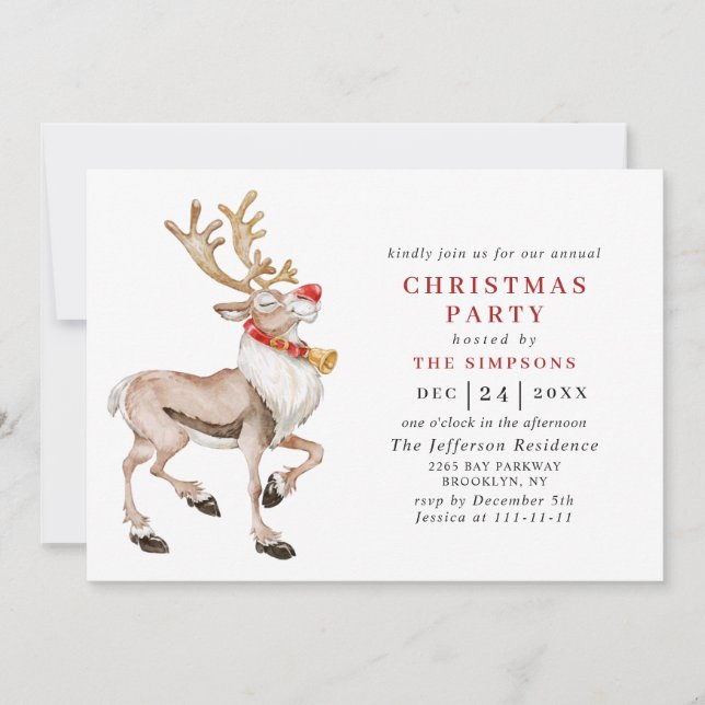 Watercolor Christmas Reindeer Holiday Party Invitation (Front)