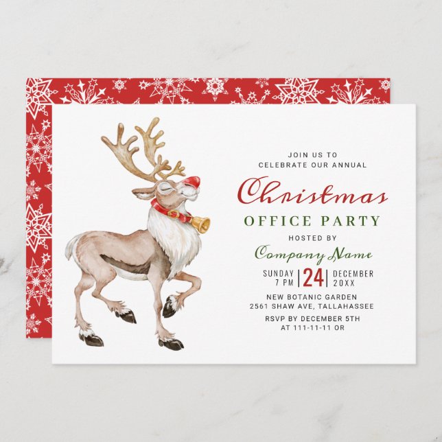 Watercolor Christmas Reindeer Holiday Party Invitation (Front/Back)