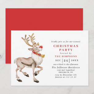 Watercolor Christmas Reindeer Holiday Party Invitation