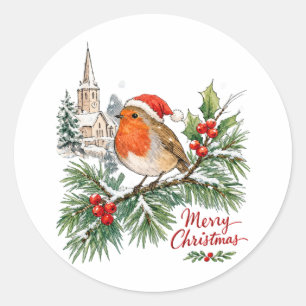 Watercolor Christmas Robin with Holly and Snow Classic Round Sticker