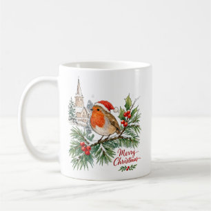 Watercolor Christmas Robin with Holly and Snow  Coffee Mug