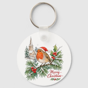 Watercolor Christmas Robin with Holly and Snow Key Ring