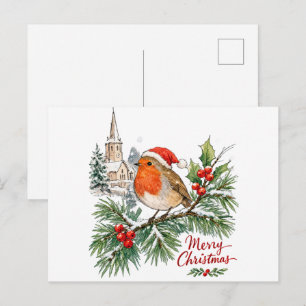 Watercolor Christmas Robin with Holly and Snow  Postcard
