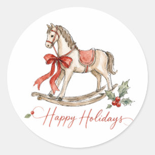 Watercolor Christmas Rocking Horse Classic Round Sticker
