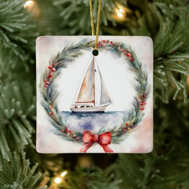 Watercolor Christmas Sailboat In Wreath Ceramic Ornament (Tree)