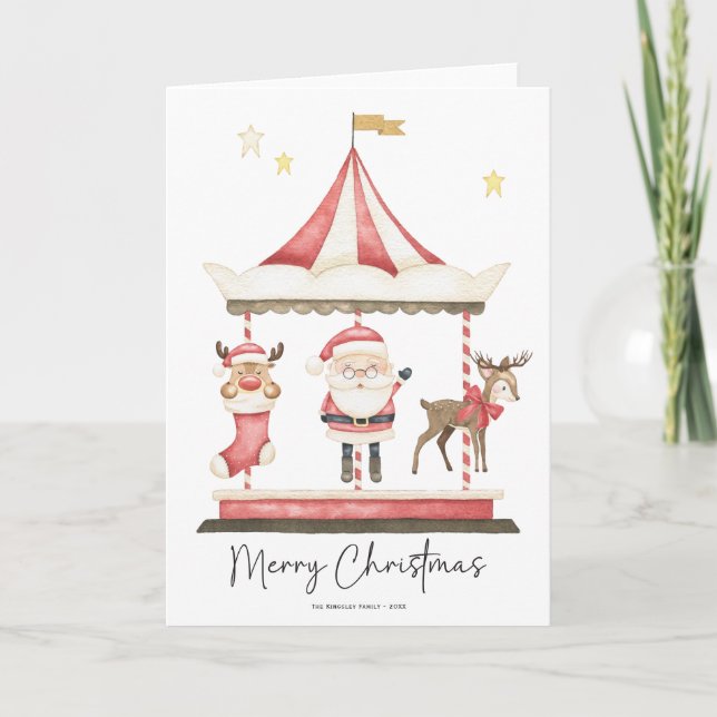 Watercolor Christmas Santa Claus Carousel  Card (Front)