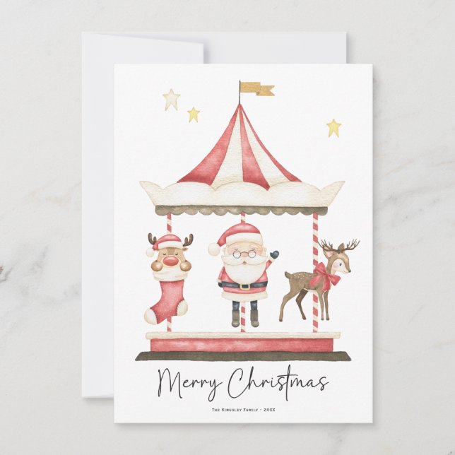 Watercolor Christmas Santa Claus Carousel  Holiday Card (Front)