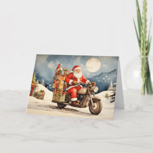 Watercolor Christmas Santa Claus on Motorcycle Holiday Card