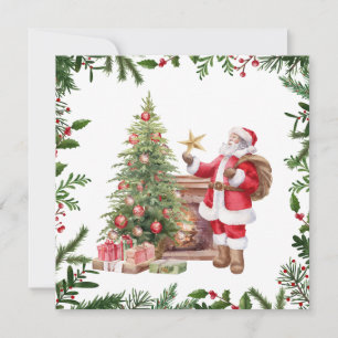 Watercolor Christmas Santa with Christmas Tree  Holiday Card