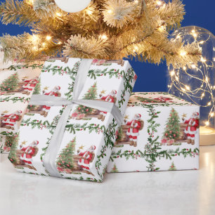 Watercolor Christmas Santa with Christmas Tree Wrapping Paper