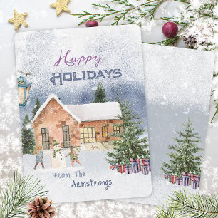 Watercolor Christmas Snowman Family Scene Holiday Card