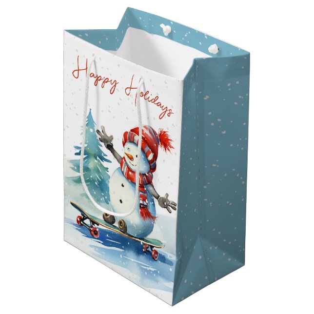 Watercolor Christmas Snowman On A Skateboard Medium Gift Bag (Front Angled)